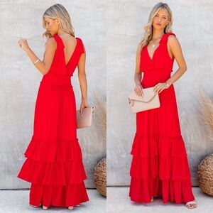 Judith March Red Tiered Tie Strap Maxi Dress Gown